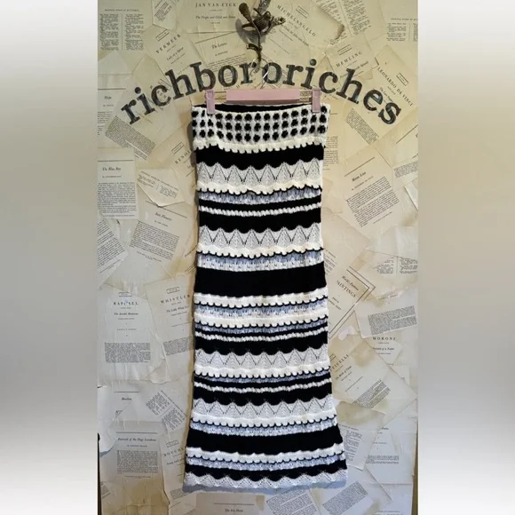 Anthropologie Textured Knit Midi Skirt Strapless Dress Crochet Ruffle BlackWhite